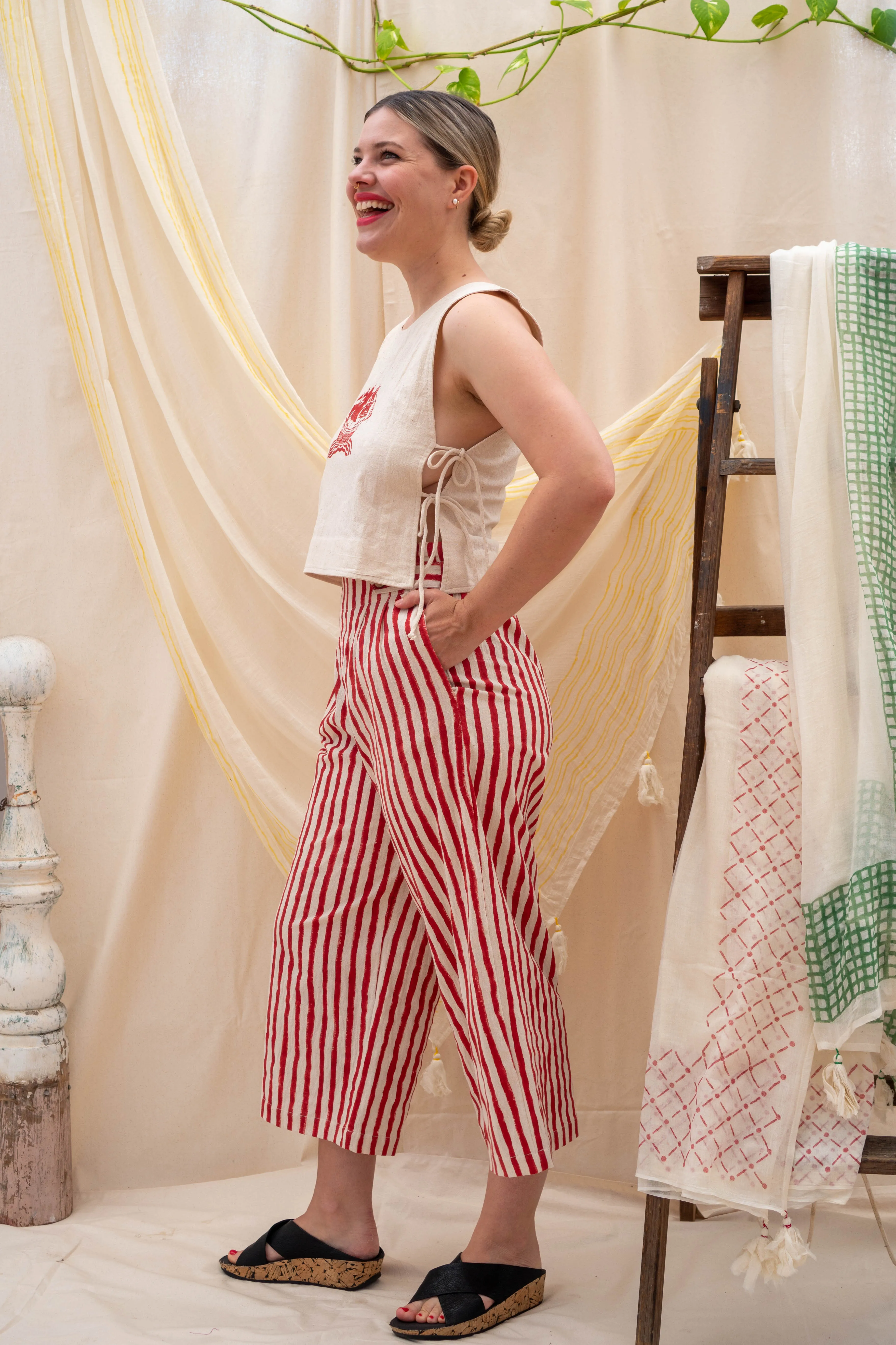 ¾ Button Pants | Red Stripe