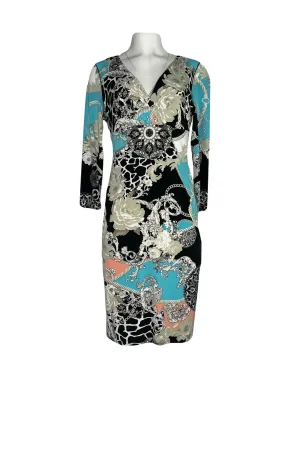 3/4 sleeve fr-bk surplice fitted knee dress