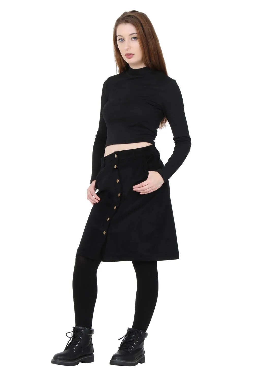Black knee-length cord skirt with stretch - UK Size 6