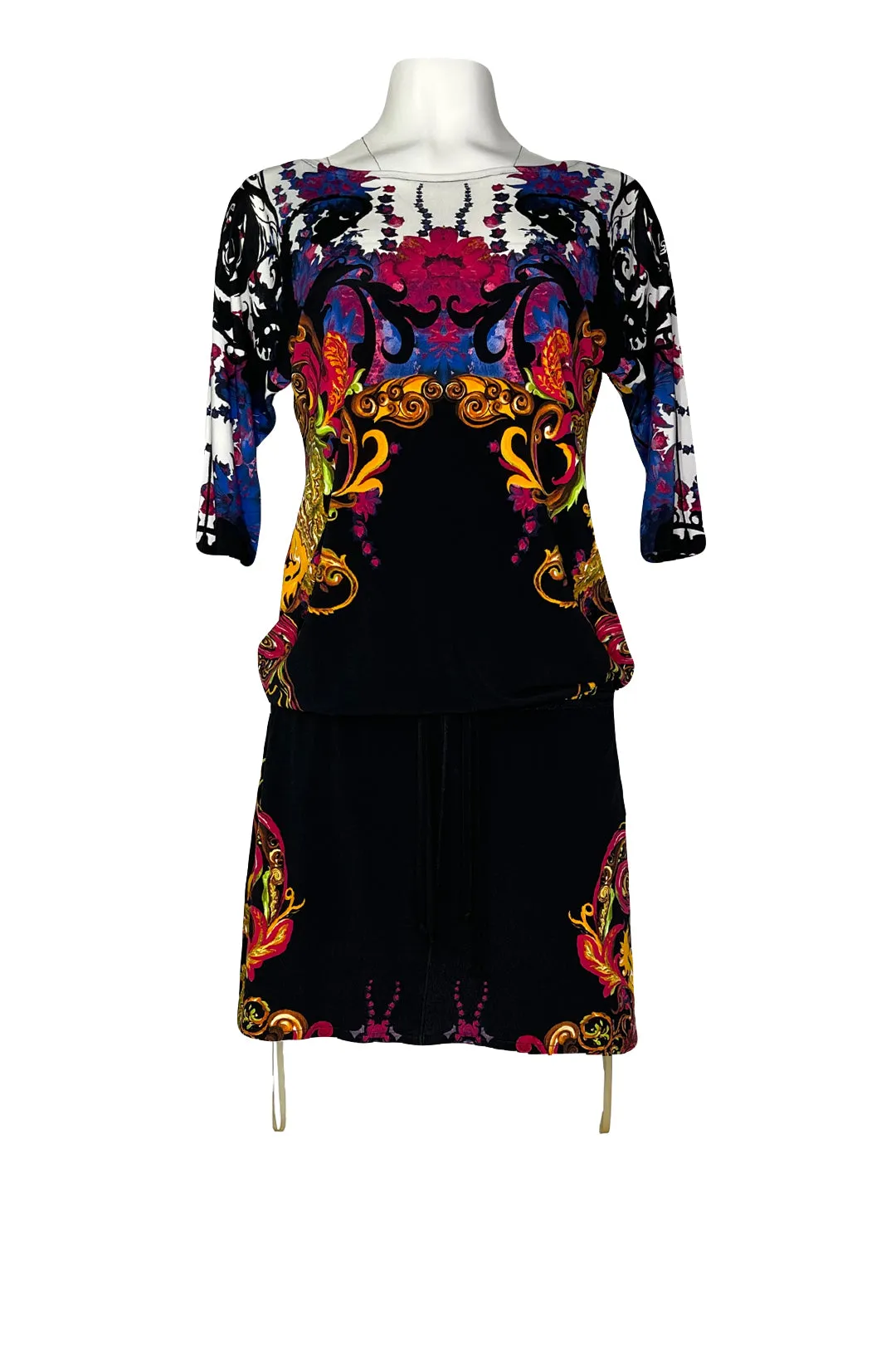 Boat neck 3/4 sleeve dropped waist draw string below knee length dress