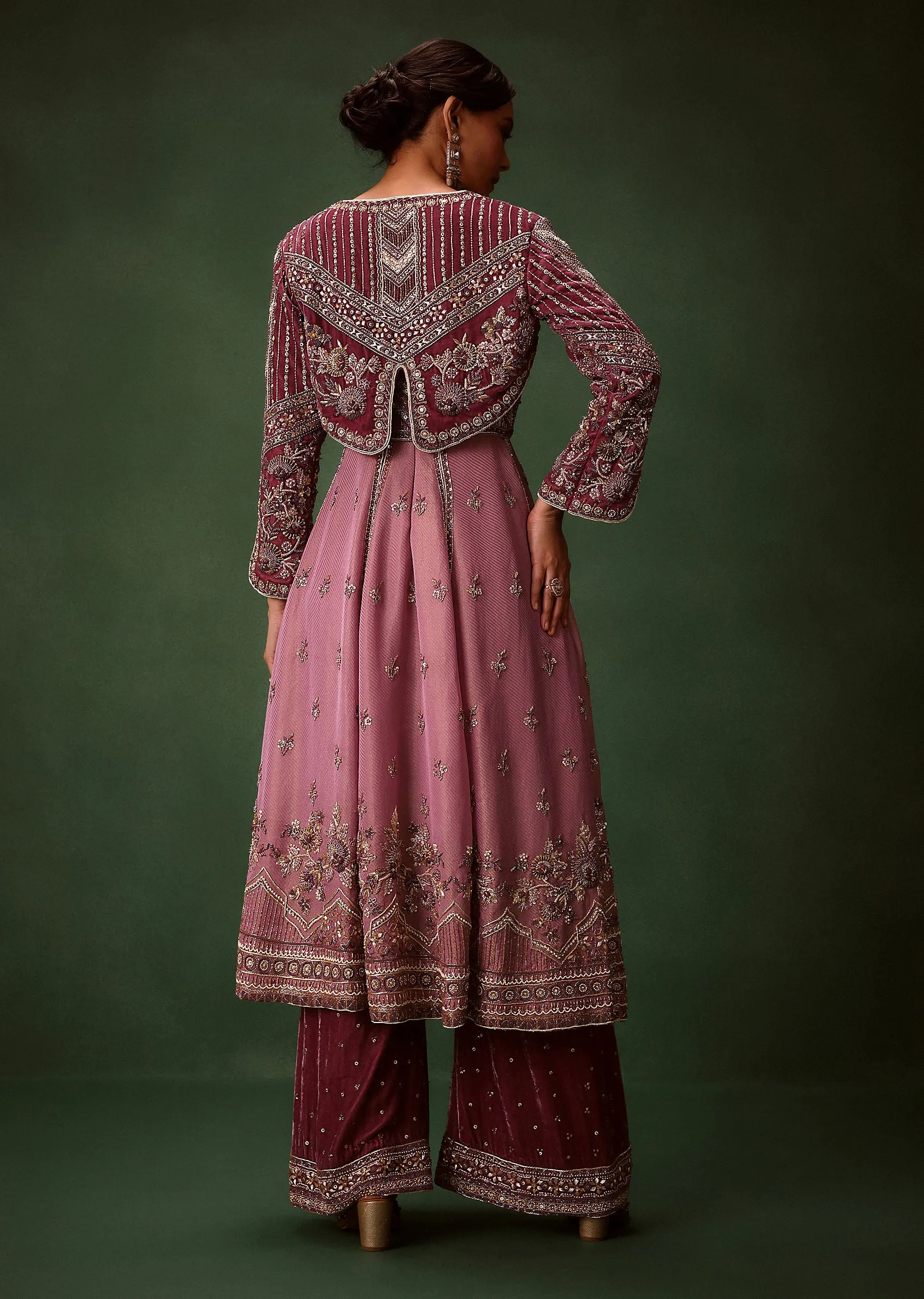Deep Mauve Anarkali Suit Set With Velvet Pants And Embroidered Jacket