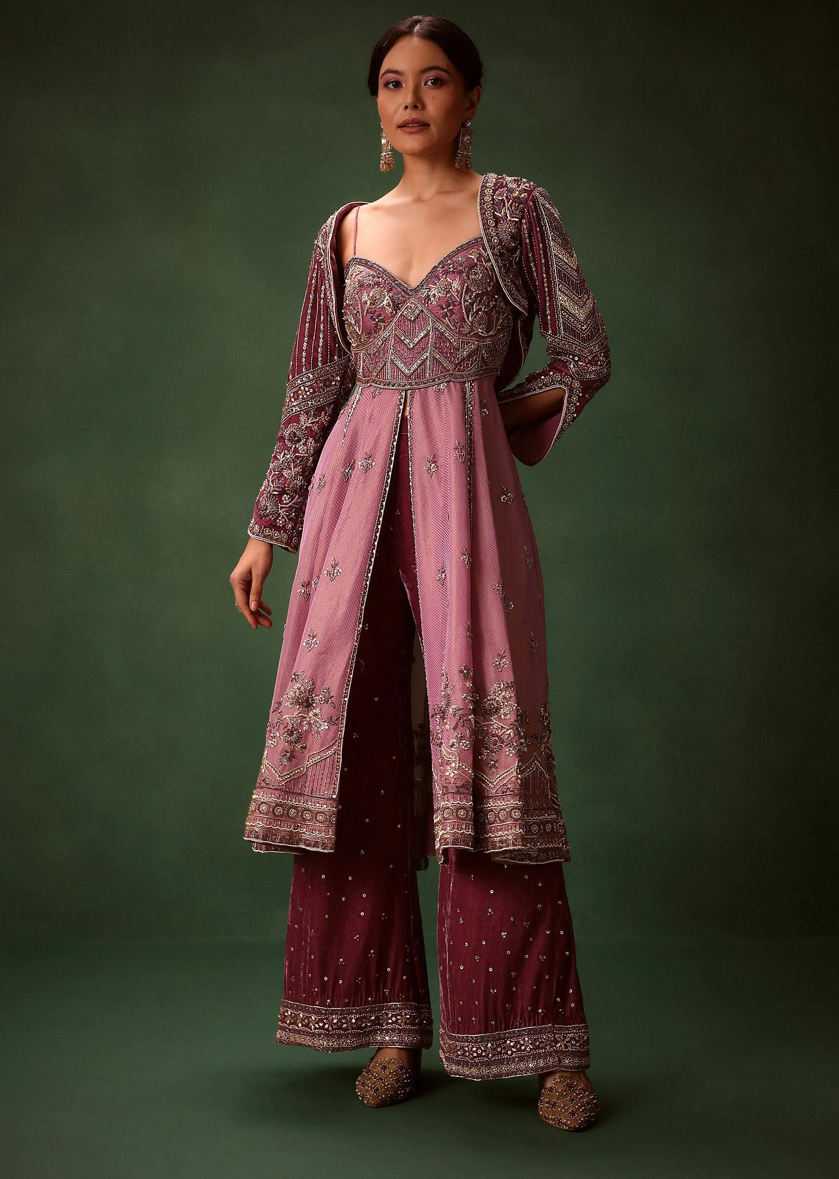 Deep Mauve Anarkali Suit Set With Velvet Pants And Embroidered Jacket