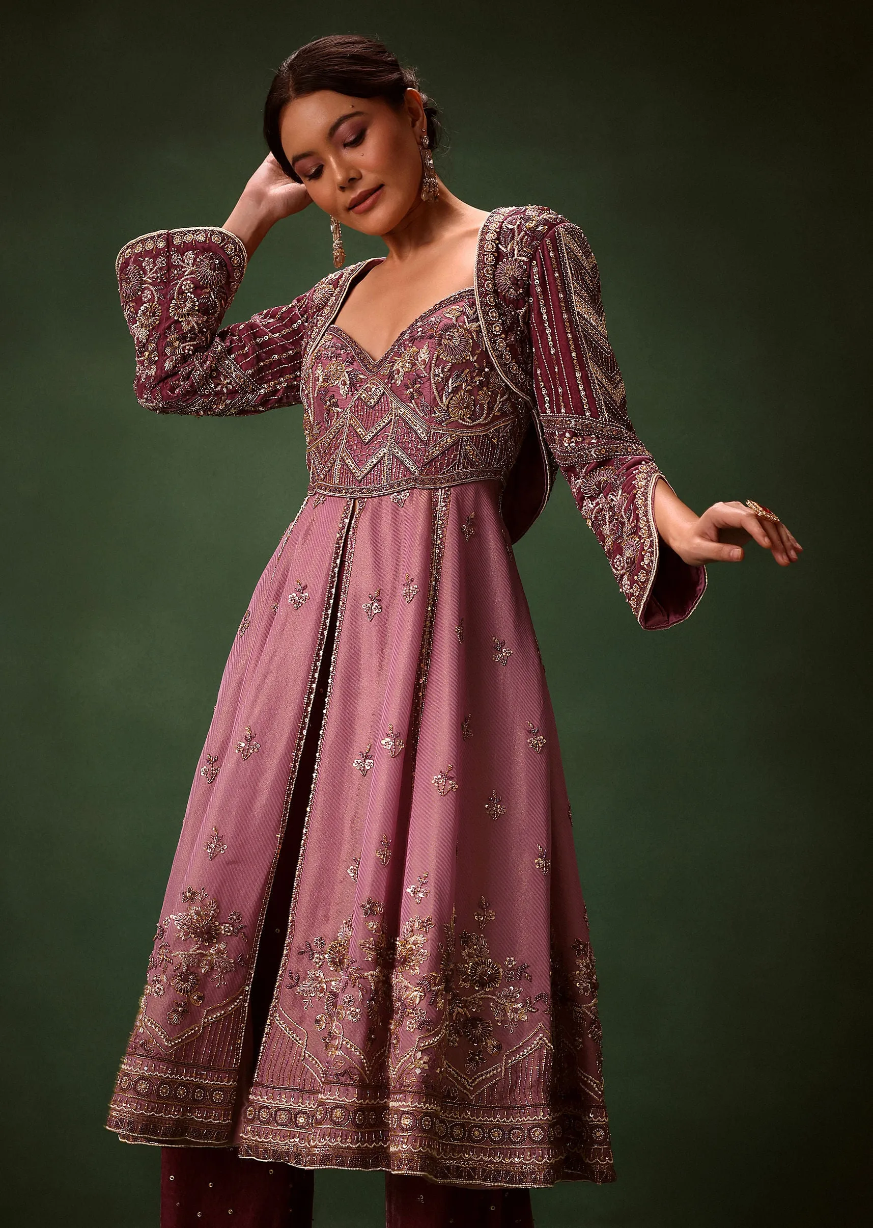Deep Mauve Anarkali Suit Set With Velvet Pants And Embroidered Jacket