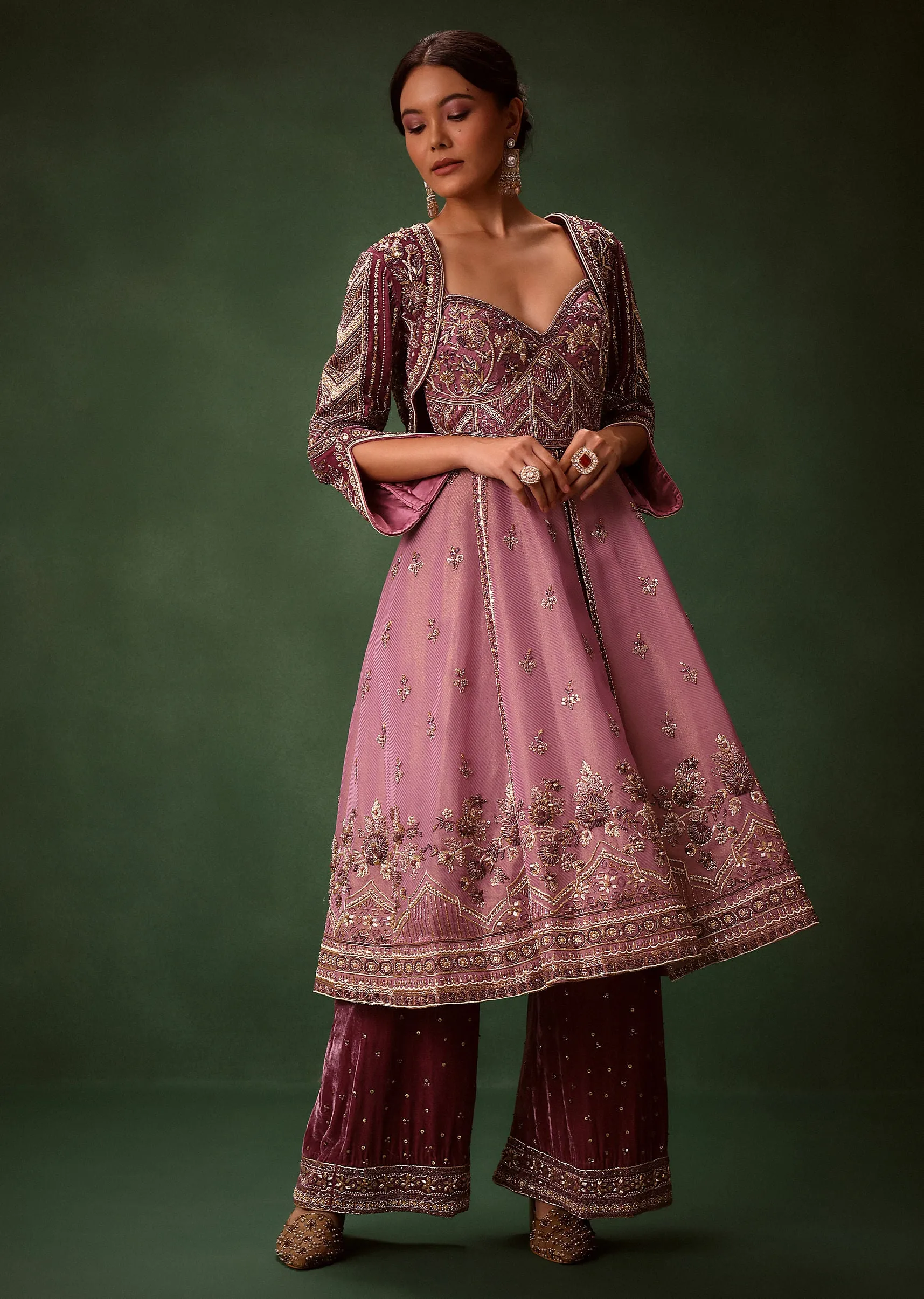 Deep Mauve Anarkali Suit Set With Velvet Pants And Embroidered Jacket