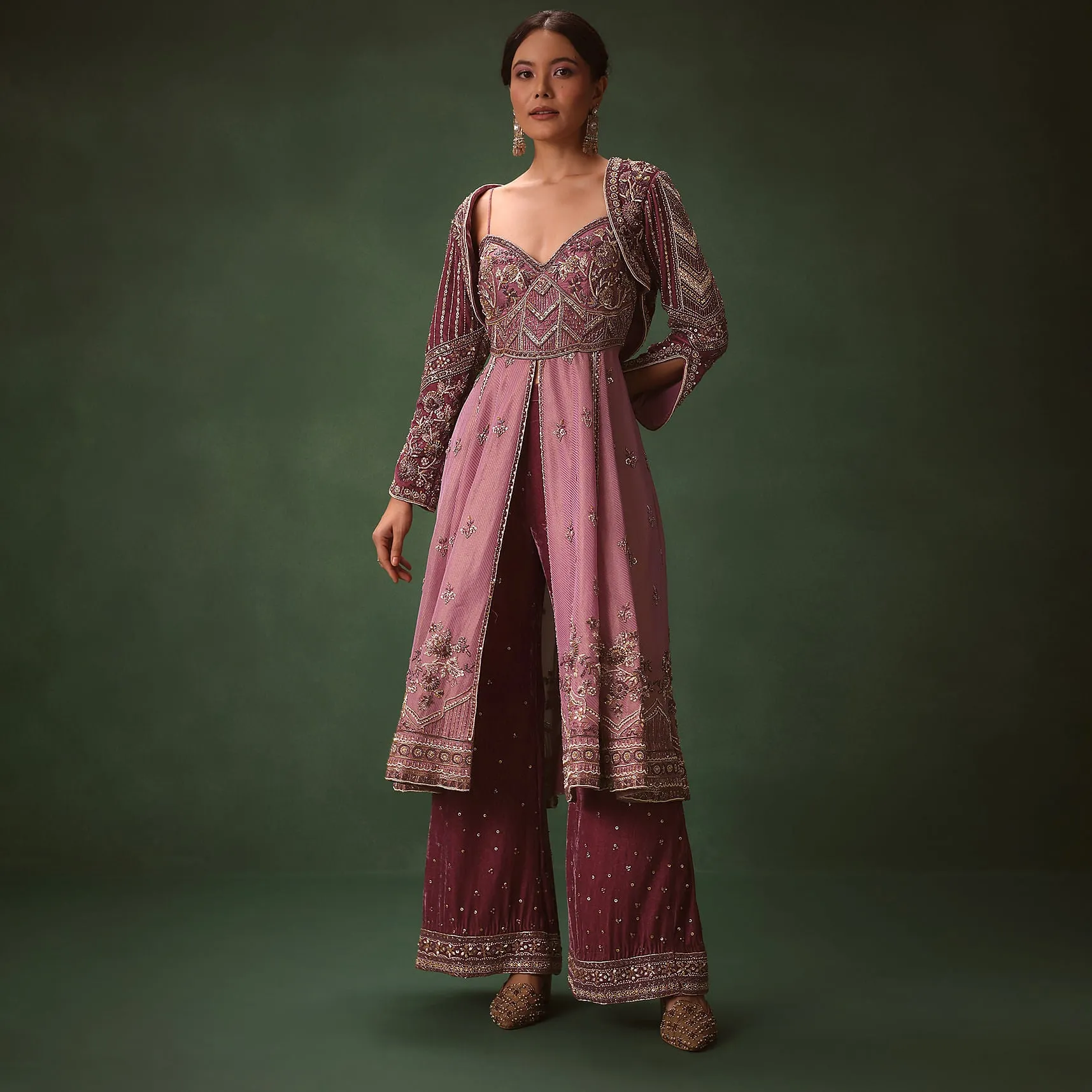 Deep Mauve Anarkali Suit Set With Velvet Pants And Embroidered Jacket