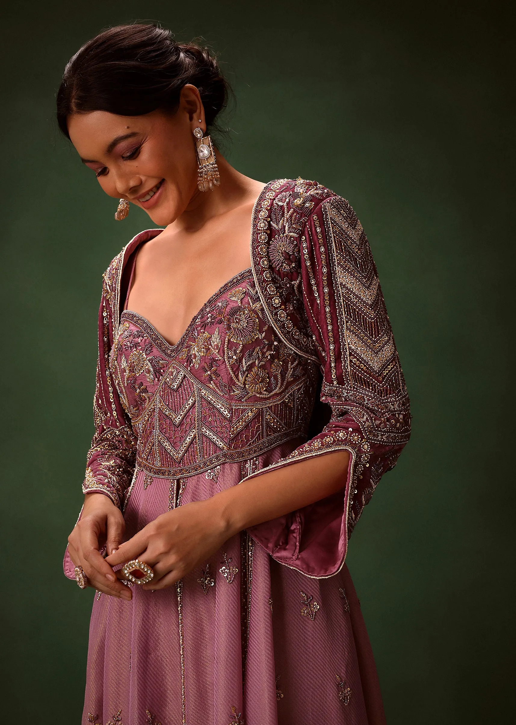 Deep Mauve Anarkali Suit Set With Velvet Pants And Embroidered Jacket