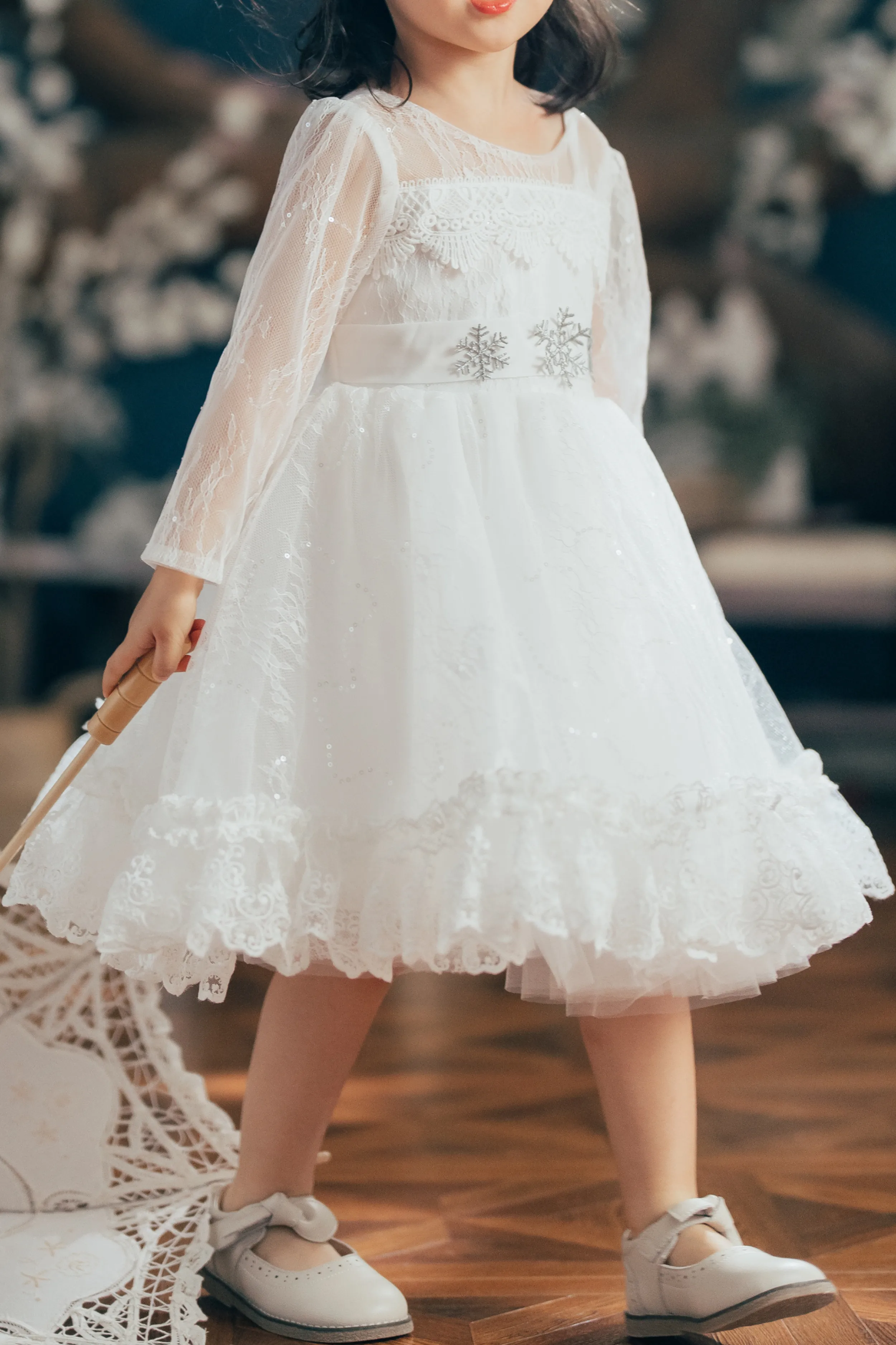 Elsa Long Sleeves Lace Dress (White/Blue/Pink)