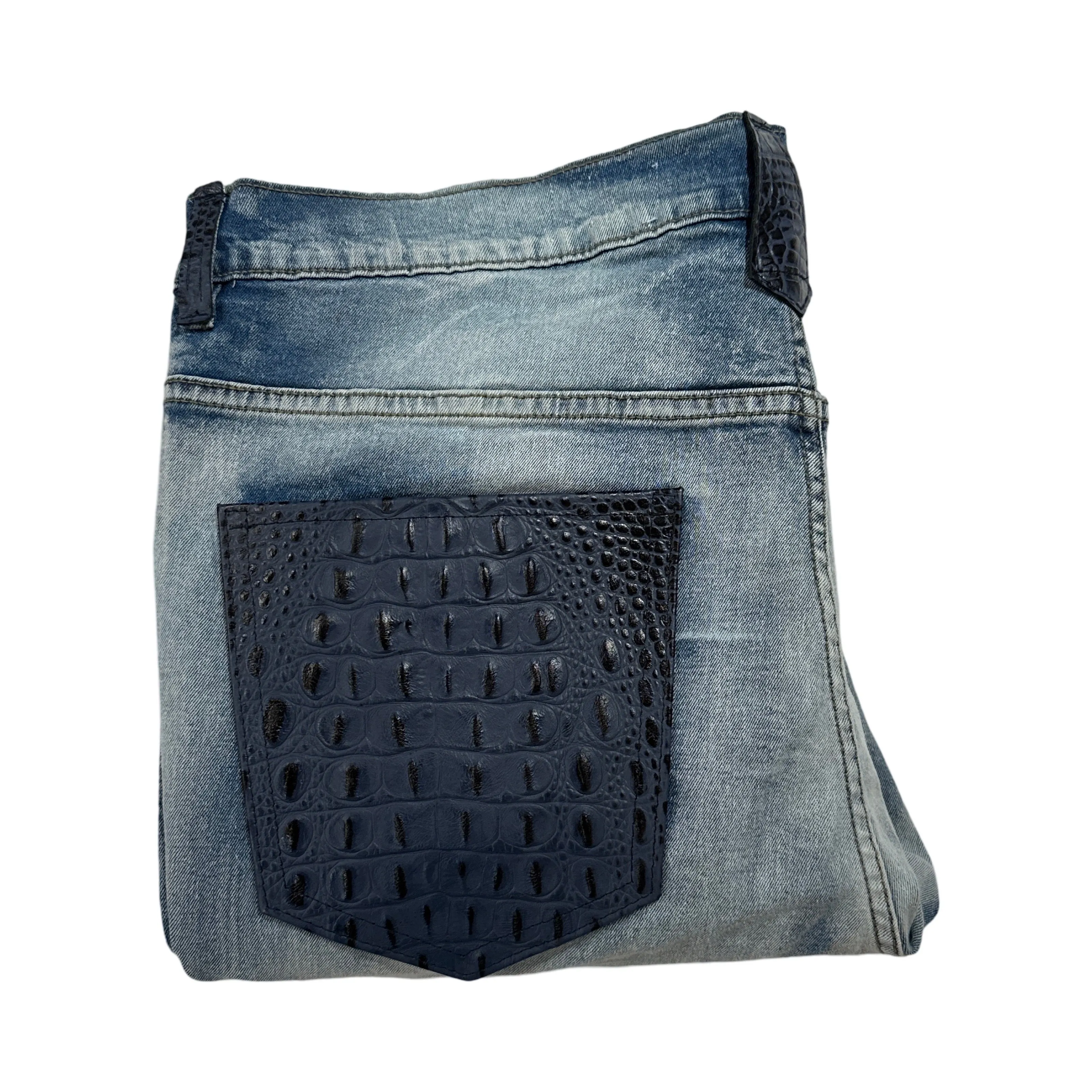 Kashani Denim Cargo Jeans w/ Navy Alligator Embossed Pockets
