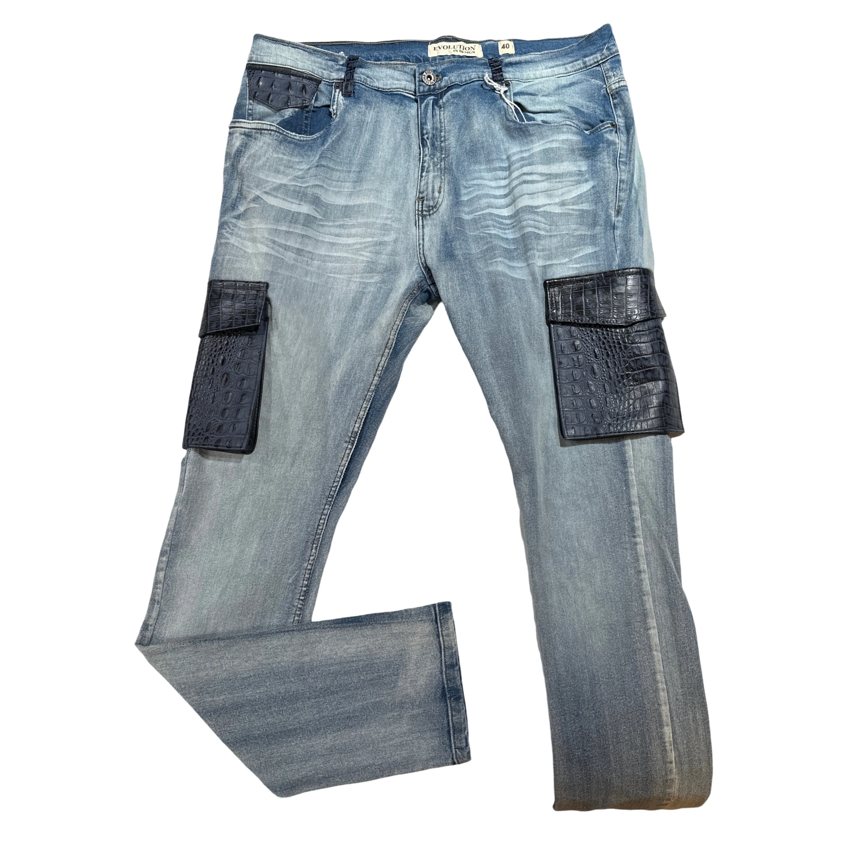 Kashani Denim Cargo Jeans w/ Navy Alligator Embossed Pockets