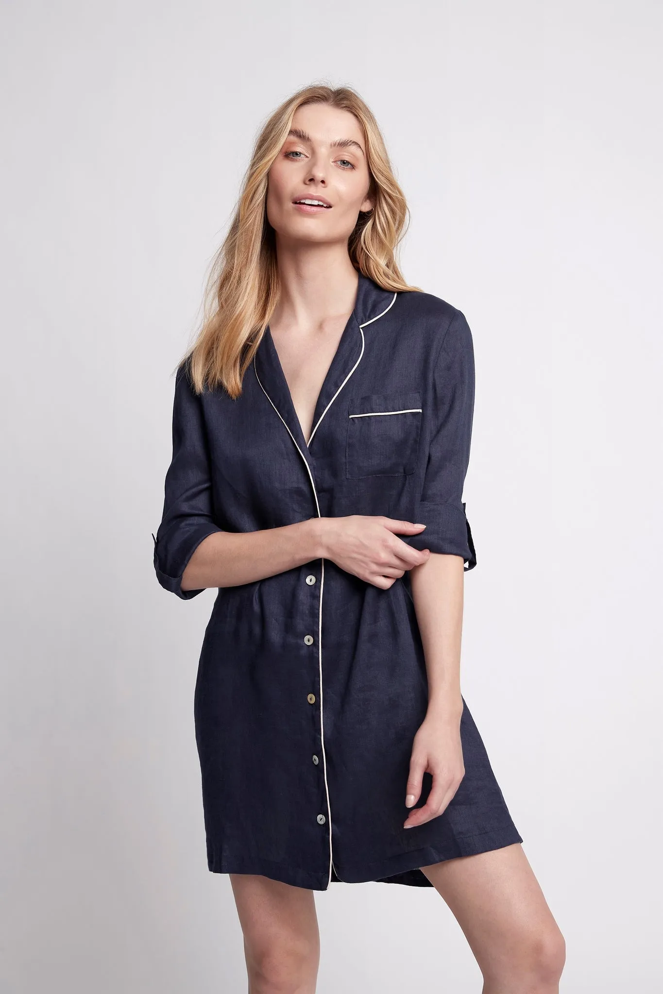 Linen Sleep Shirt - Navy with Blush Piping