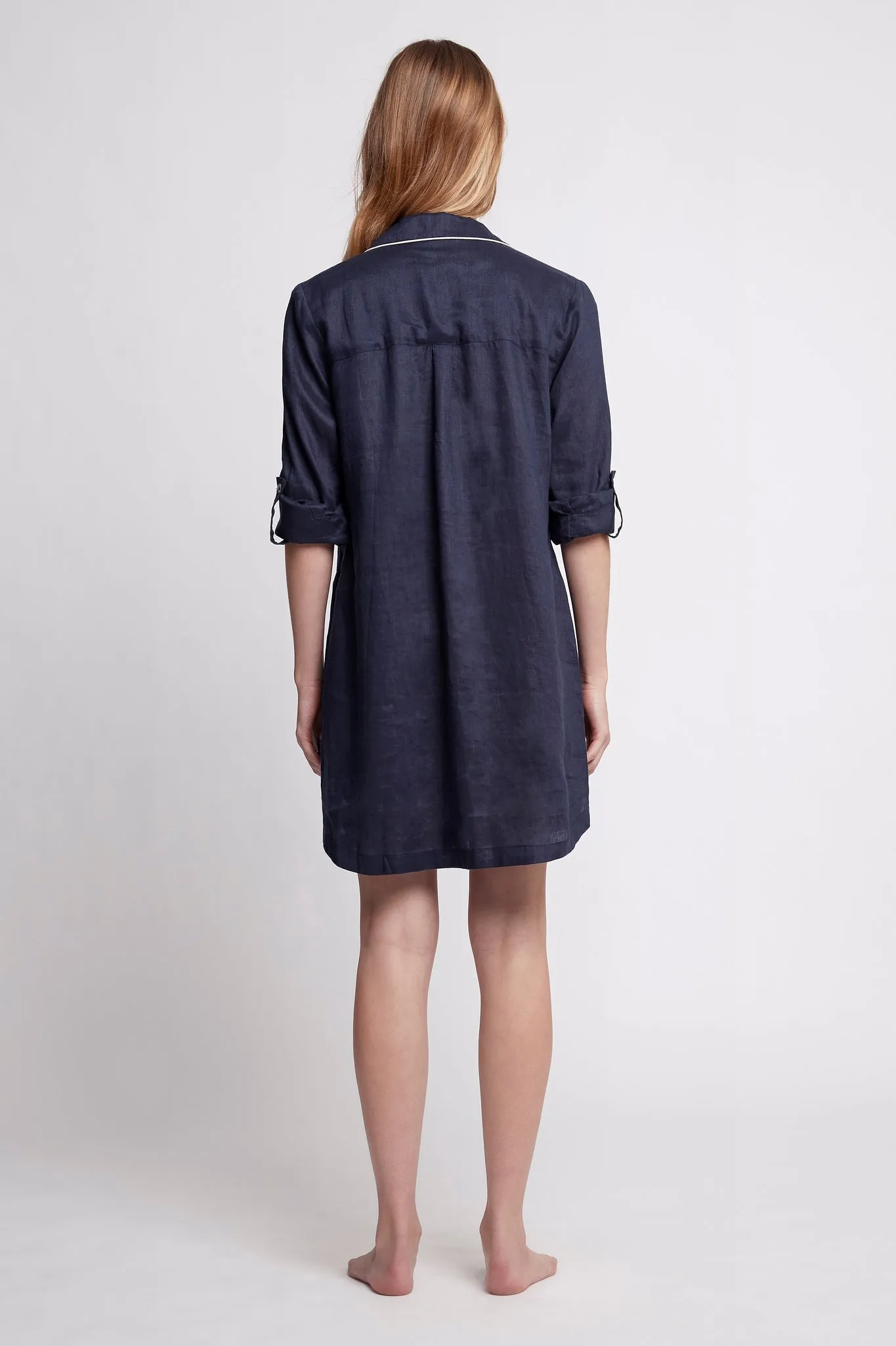 Linen Sleep Shirt - Navy with Blush Piping
