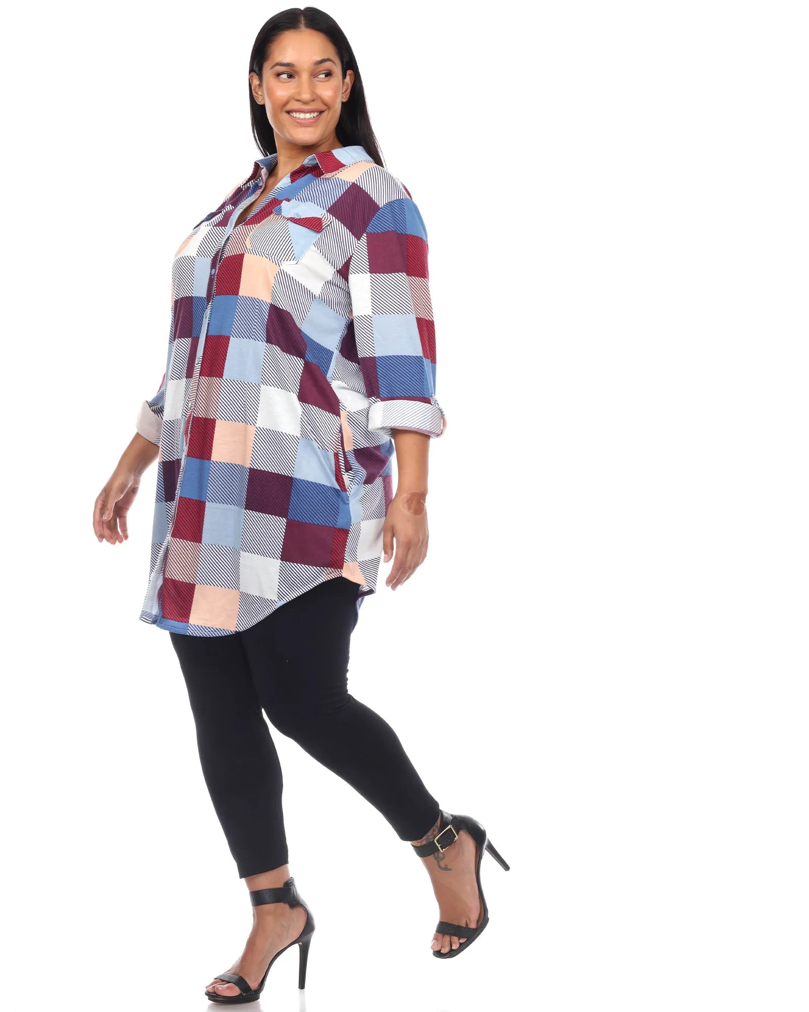 Plaid Button Down Tunic Shirt | Blue Burgundy