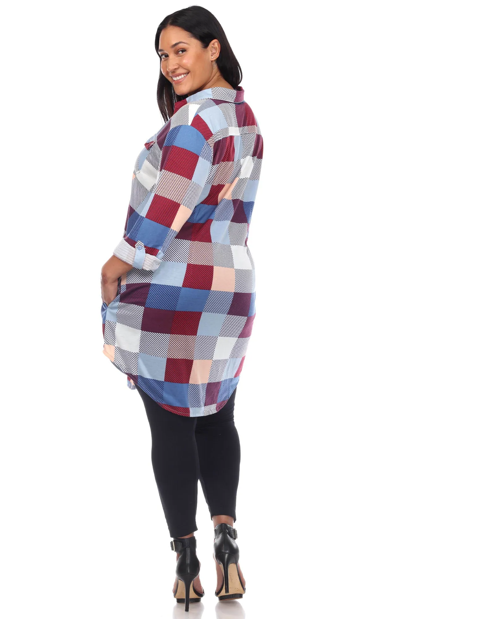 Plaid Button Down Tunic Shirt | Blue Burgundy