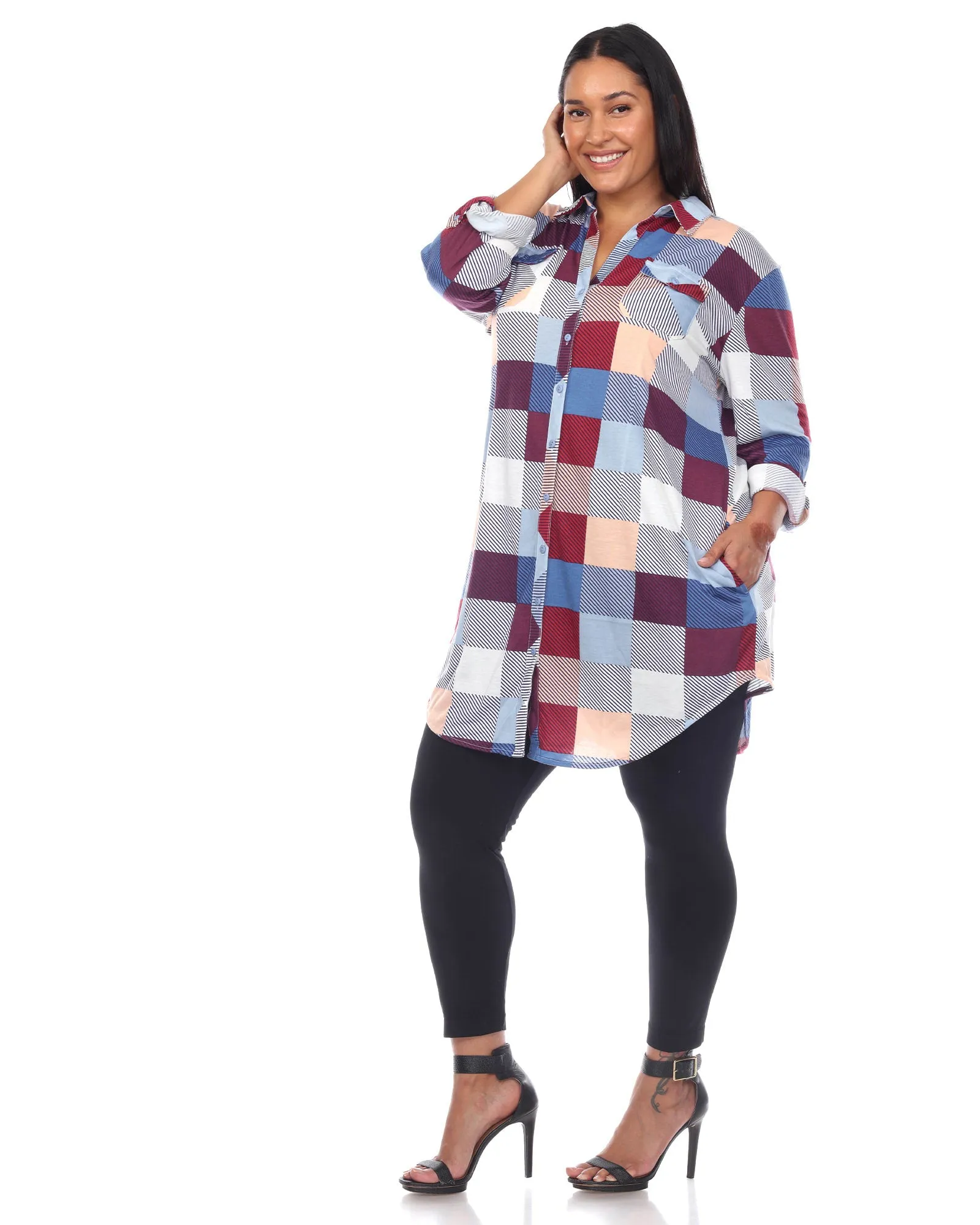 Plaid Button Down Tunic Shirt | Blue Burgundy