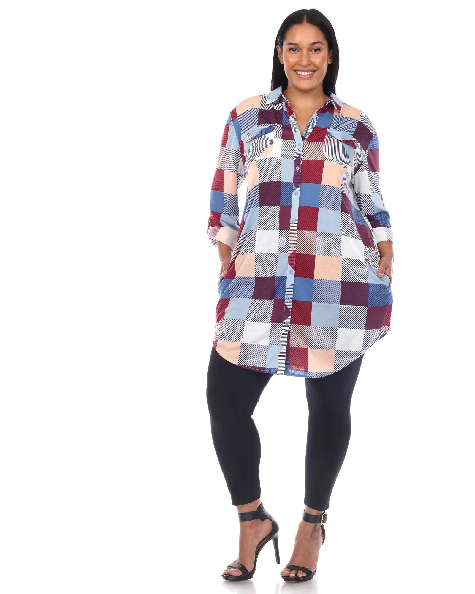 Plaid Button Down Tunic Shirt | Blue Burgundy