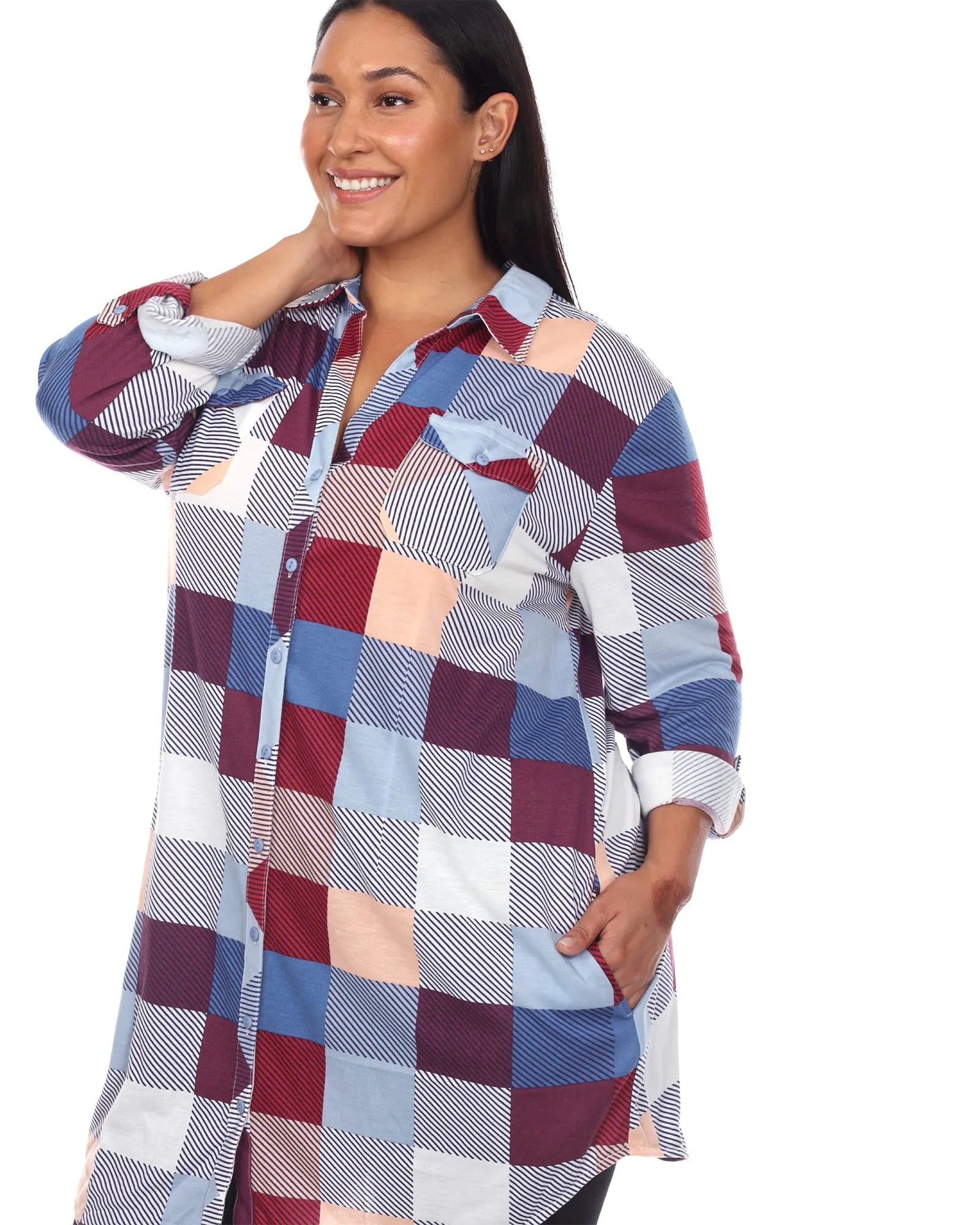Plaid Button Down Tunic Shirt | Blue Burgundy
