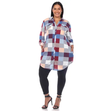 Plaid Button Down Tunic Shirt | Blue Burgundy