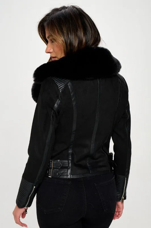 PREMIUM Soft Faux Suede Biker Jacket with Faux Fur Collar
