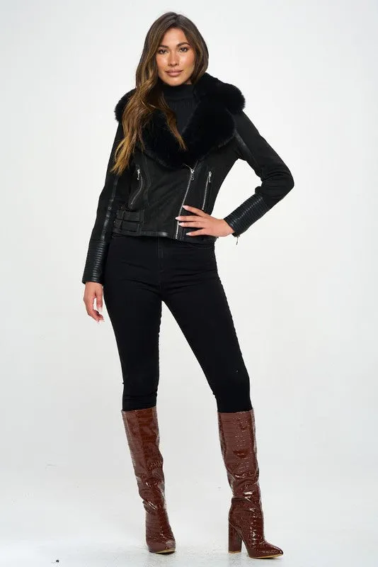 PREMIUM Soft Faux Suede Biker Jacket with Faux Fur Collar