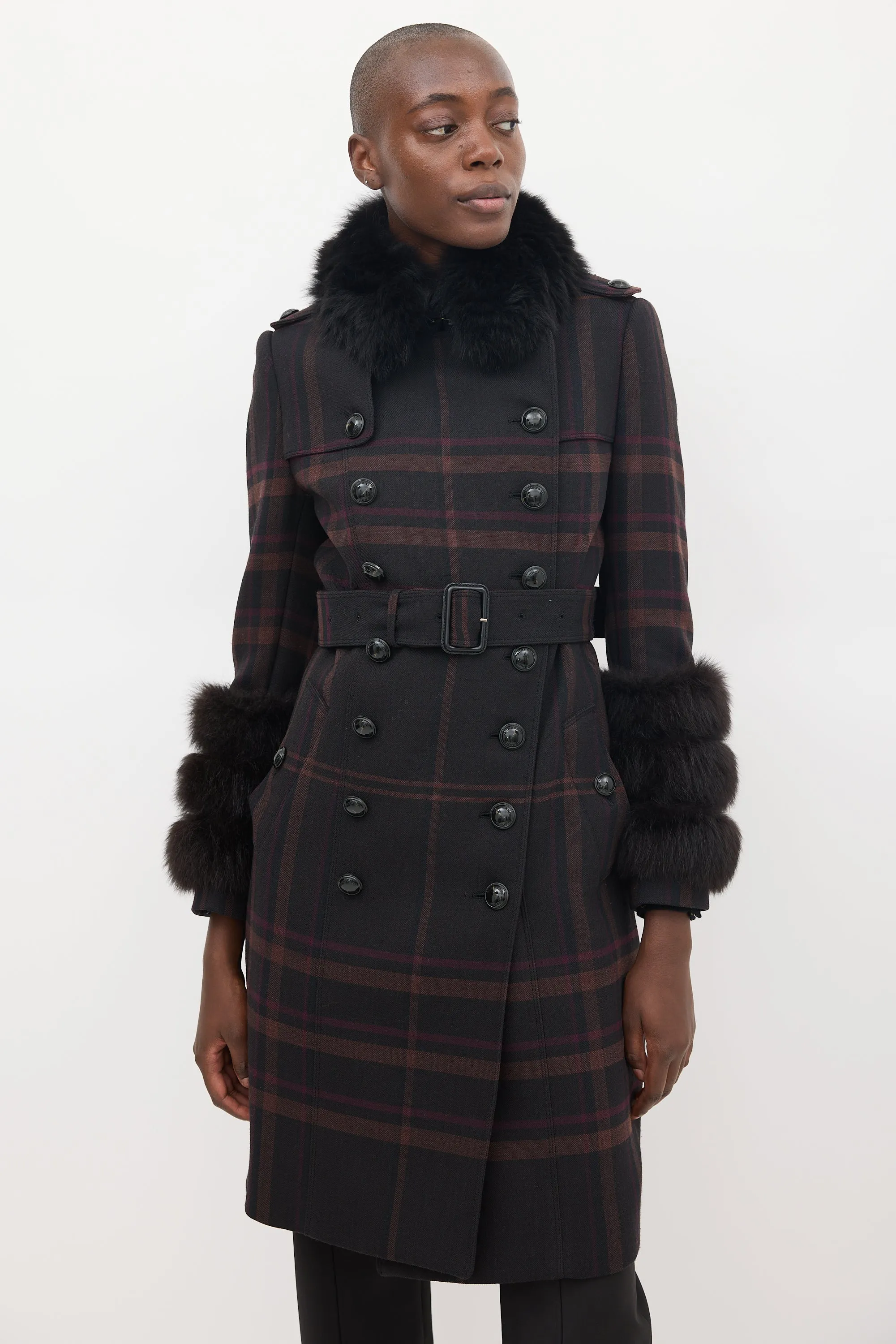 Purple Wool & Fur Trim Nova Check Coat
