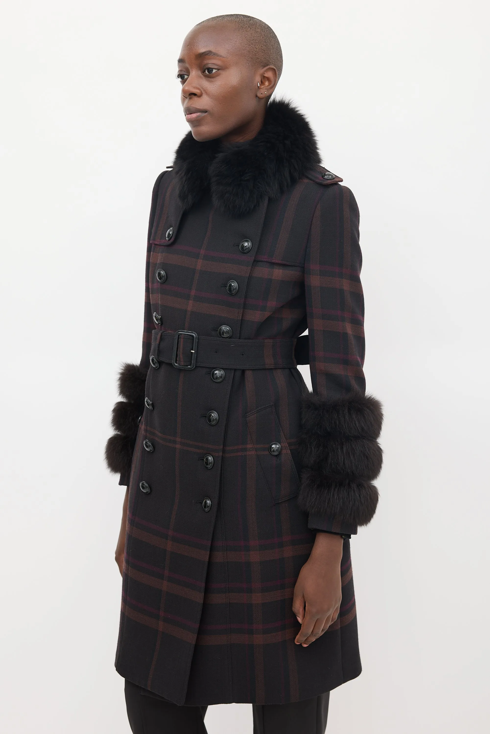 Purple Wool & Fur Trim Nova Check Coat