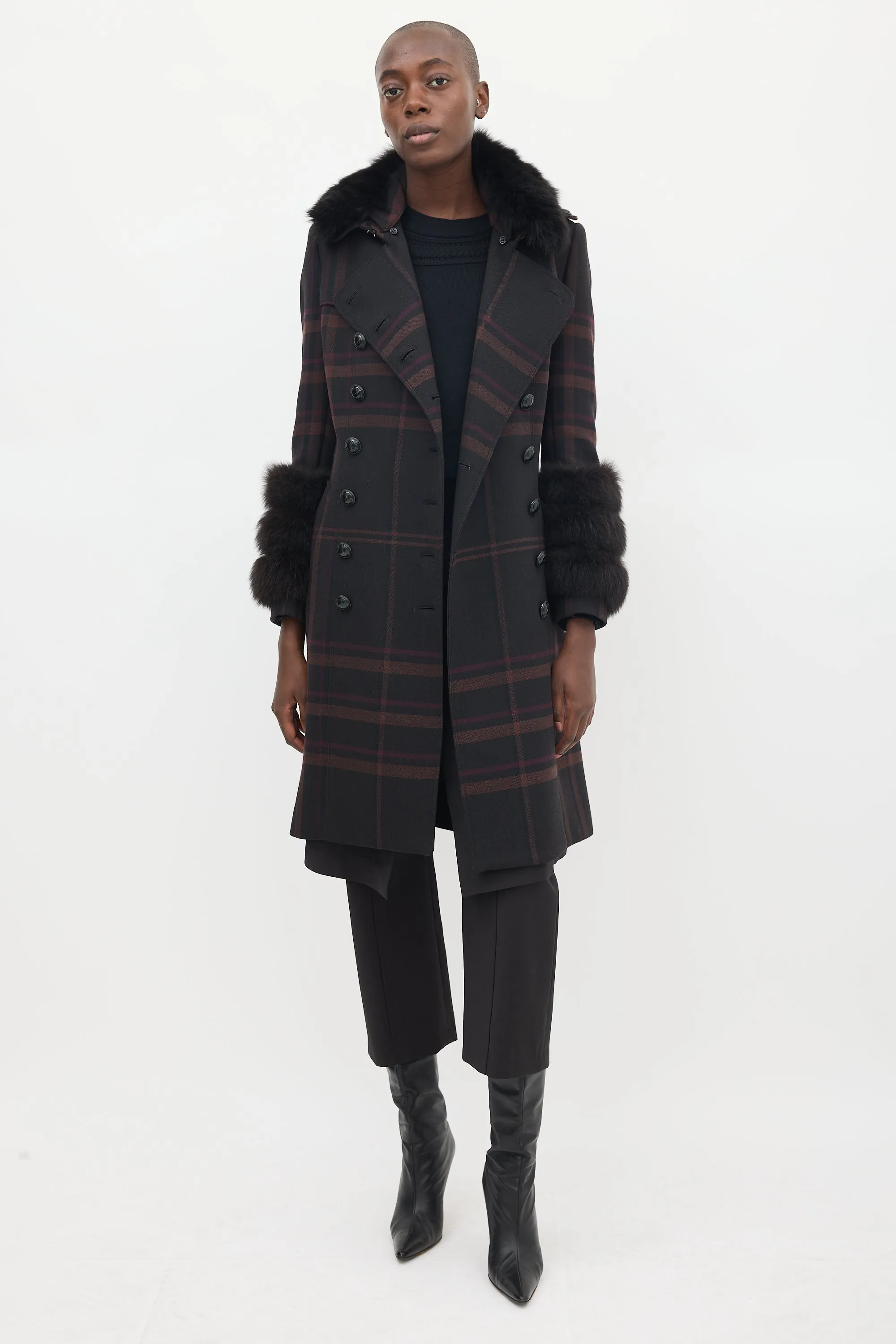 Purple Wool & Fur Trim Nova Check Coat