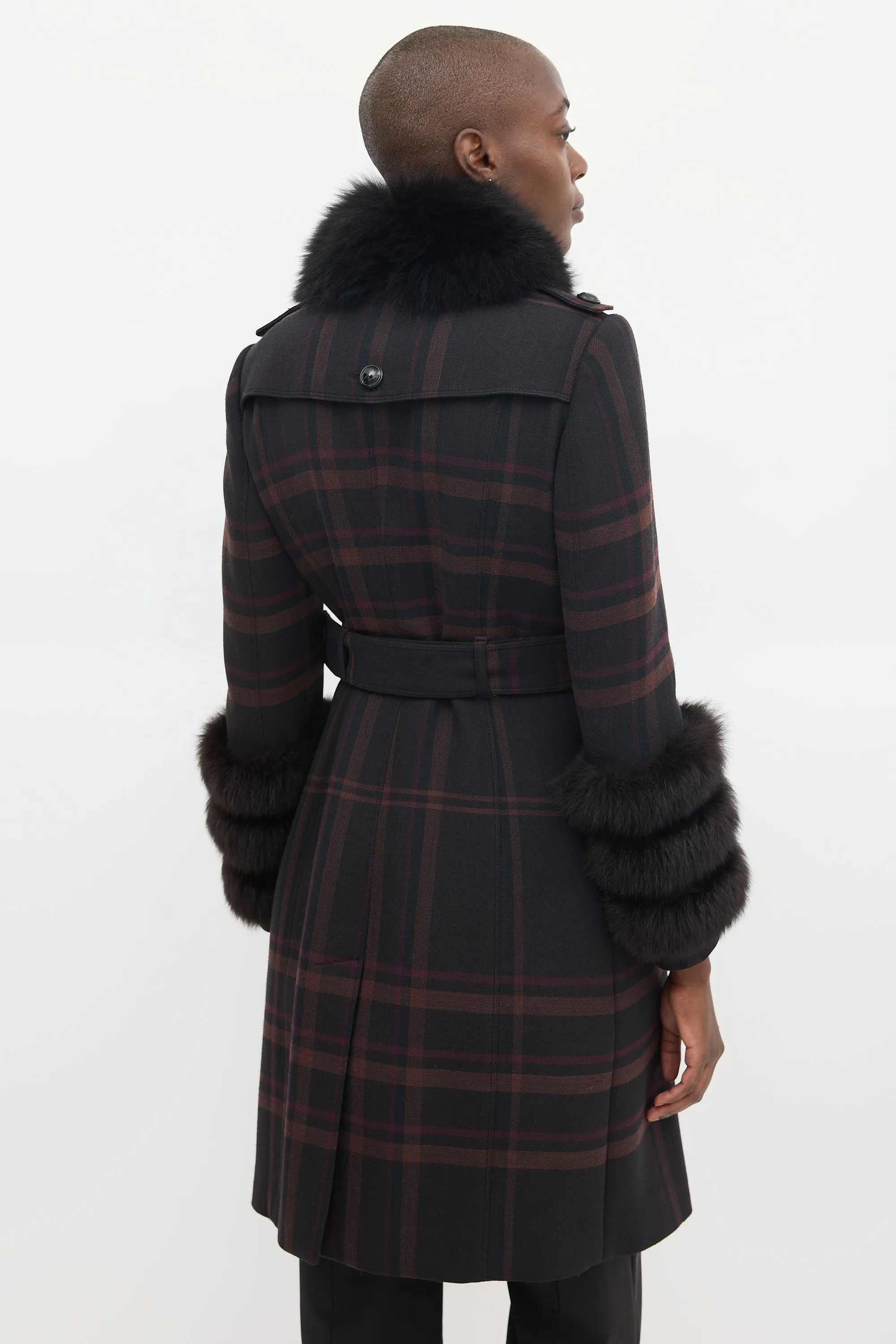 Purple Wool & Fur Trim Nova Check Coat
