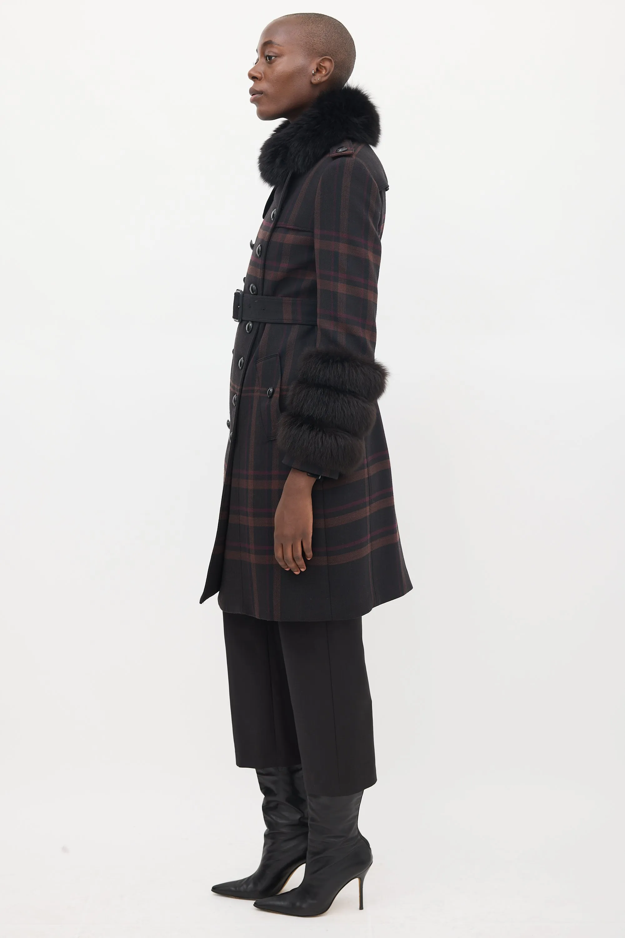 Purple Wool & Fur Trim Nova Check Coat