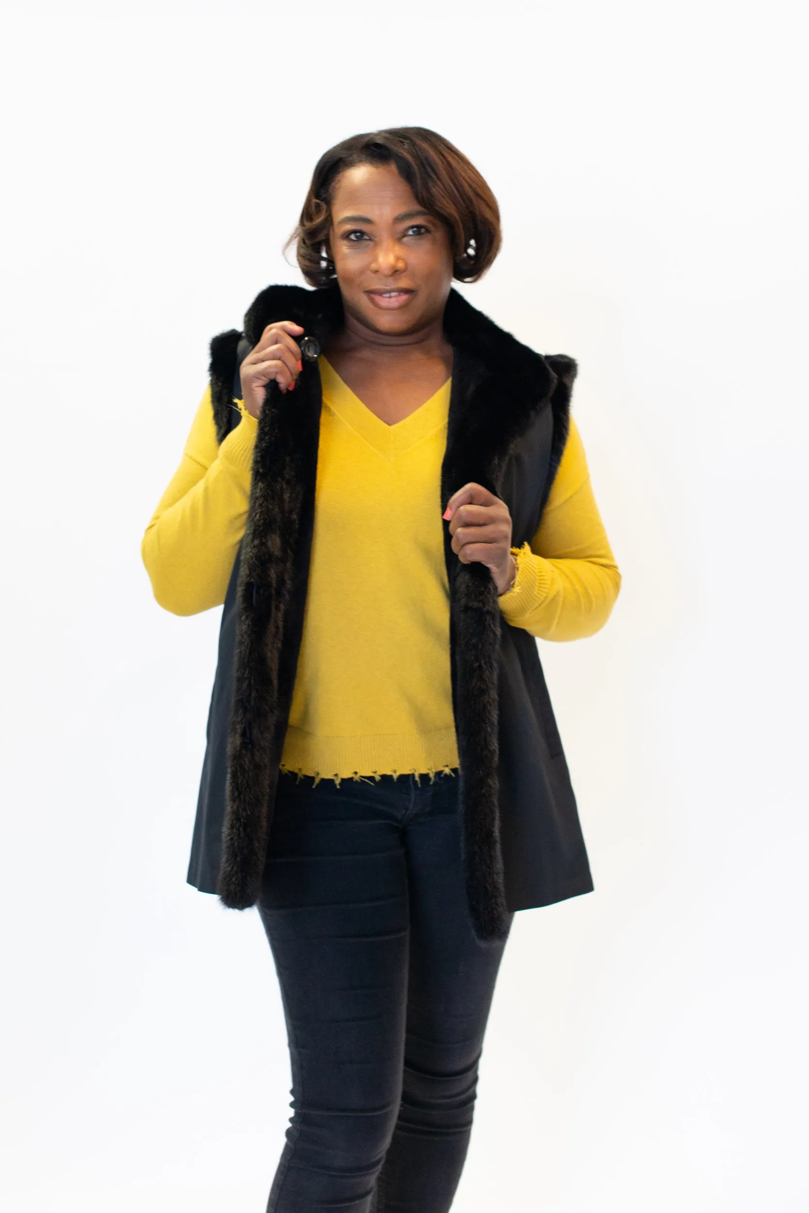 Rippe's Furs Reversible Diamond Sheared Mink Fur Vest with Long Hair Mink Trim - Black