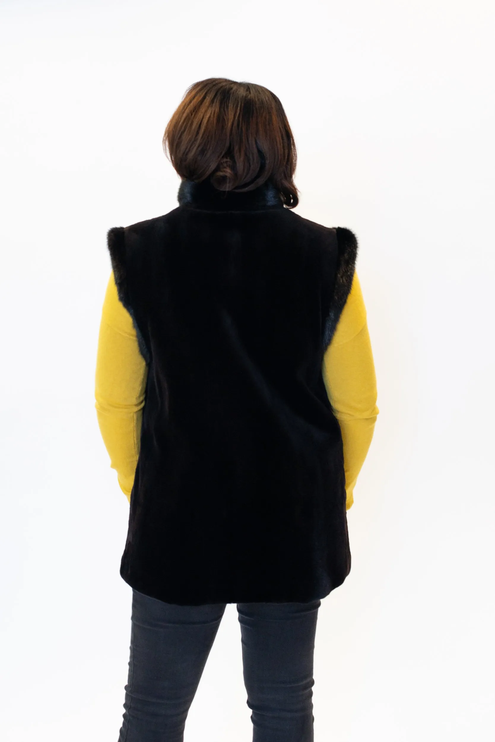 Rippe's Furs Reversible Diamond Sheared Mink Fur Vest with Long Hair Mink Trim - Black