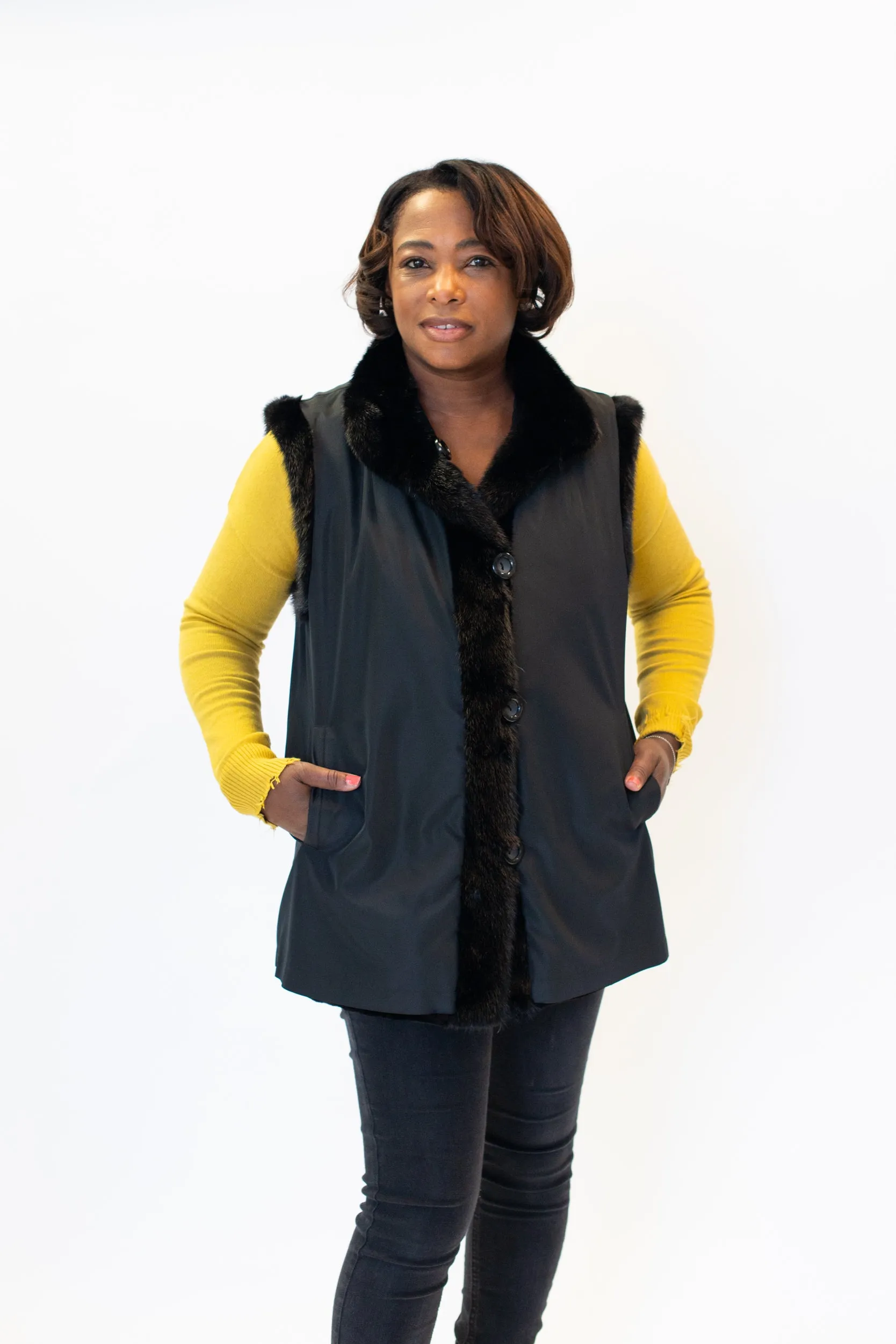 Rippe's Furs Reversible Diamond Sheared Mink Fur Vest with Long Hair Mink Trim - Black