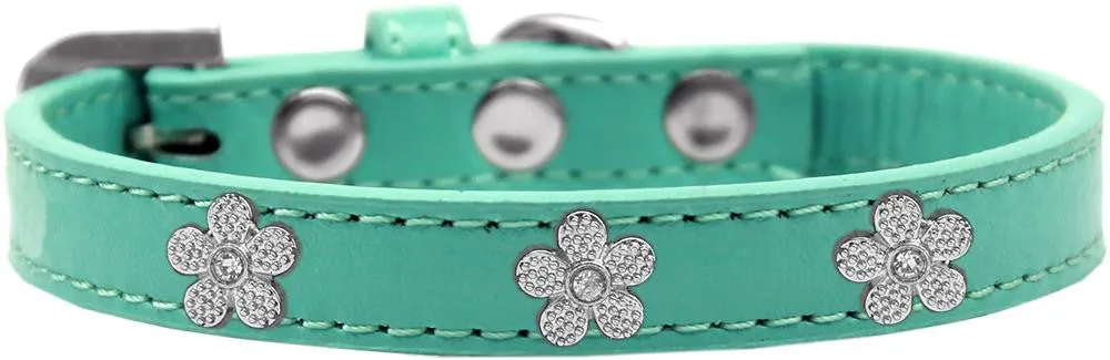 Silver Flower Widget Dog Collar Aqua Size 12